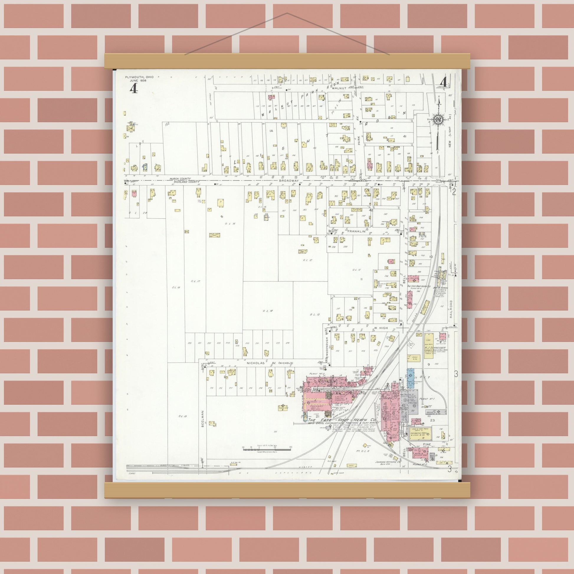 Old map wall art mockup — magnetic wood frame on brick wall — Sanborn Fire Insurance Map from Plymouth, Huron And Richland Counties, Ohio (1938), Sheet #0004