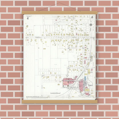 Old map wall art mockup — magnetic wood frame on brick wall — Sanborn Fire Insurance Map from Plymouth, Huron And Richland Counties, Ohio (1938), Sheet #0004
