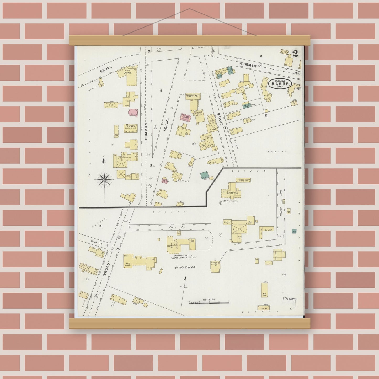 Old map wall art mockup — magnetic wood frame on brick wall — Sanborn Fire Insurance Map from Barre, Worcester County, Massachusetts (1895), Sheet #0002