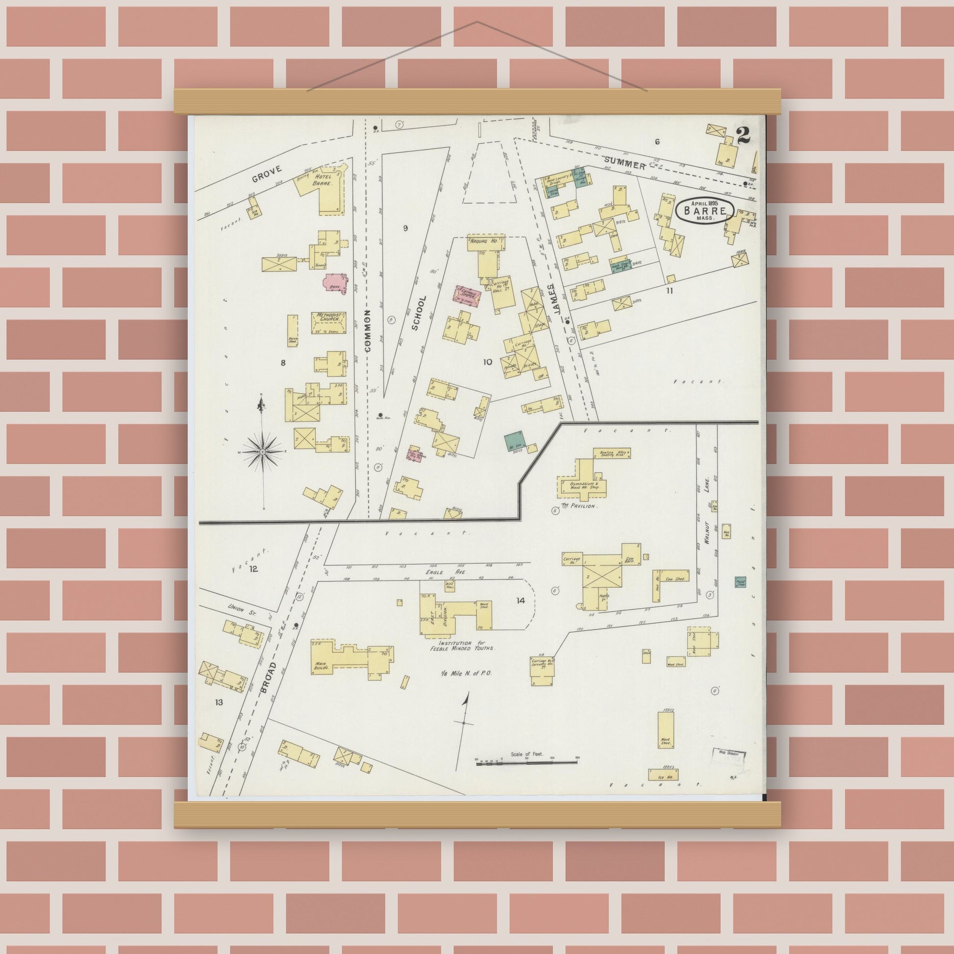 Old map wall art mockup — magnetic wood frame on brick wall — Sanborn Fire Insurance Map from Barre, Worcester County, Massachusetts (1895), Sheet #0002