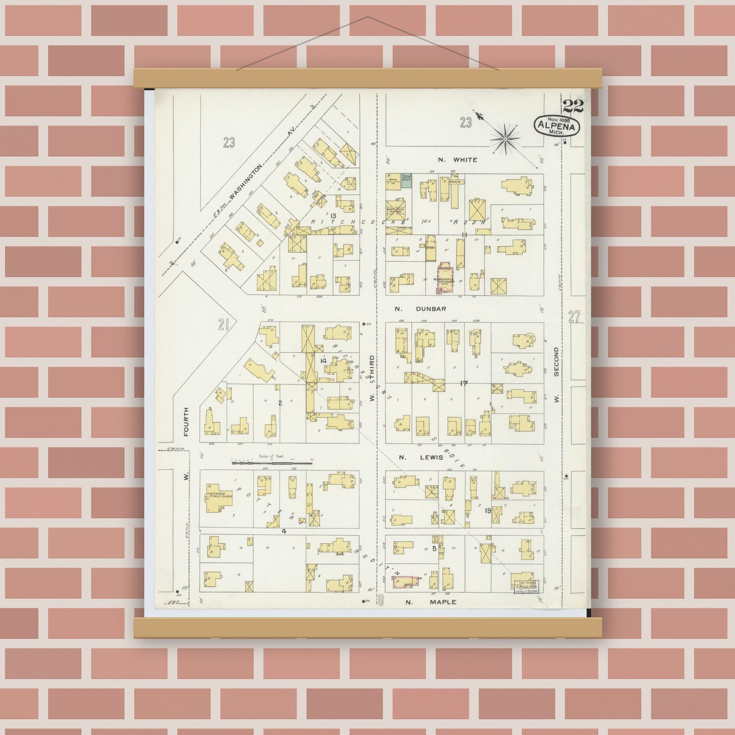 Old map wall art mockup — magnetic wood frame on brick wall — Sanborn Fire Insurance Map from Alpena, Alpena County, Michigan (1895), Sheet #0022