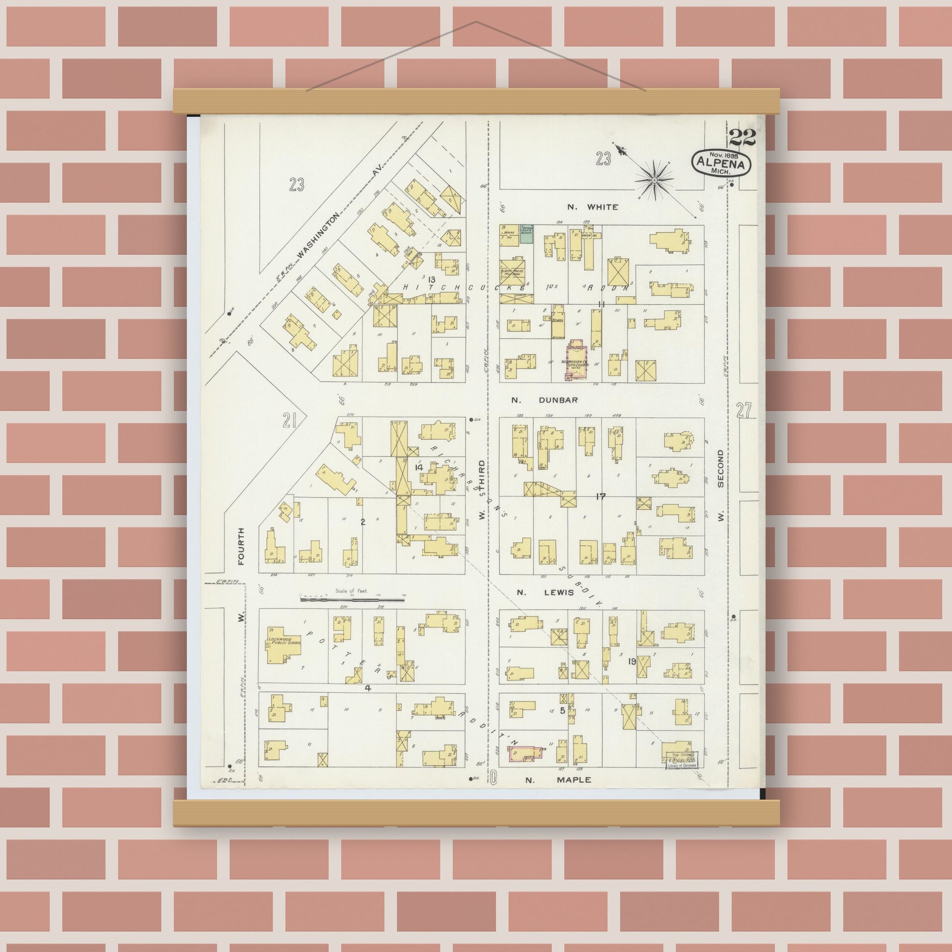 Old map wall art mockup — magnetic wood frame on brick wall — Sanborn Fire Insurance Map from Alpena, Alpena County, Michigan (1895), Sheet #0022