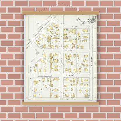 Old map wall art mockup — magnetic wood frame on brick wall — Sanborn Fire Insurance Map from Alpena, Alpena County, Michigan (1895), Sheet #0022