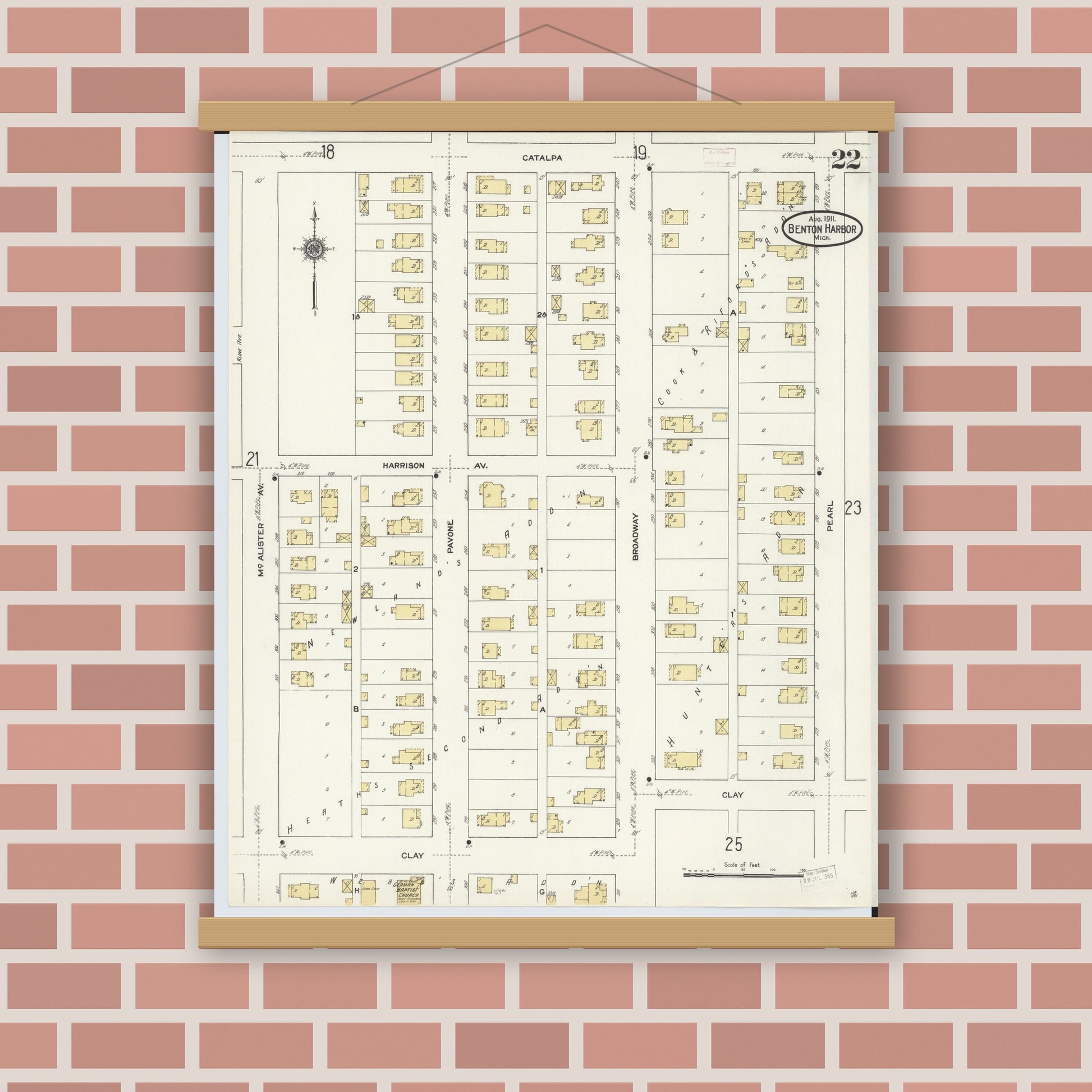 Old map wall art mockup — magnetic wood frame on brick wall — Sanborn Fire Insurance Map from Benton Harbor, Berrien County, Michigan (1911), Sheet #0022