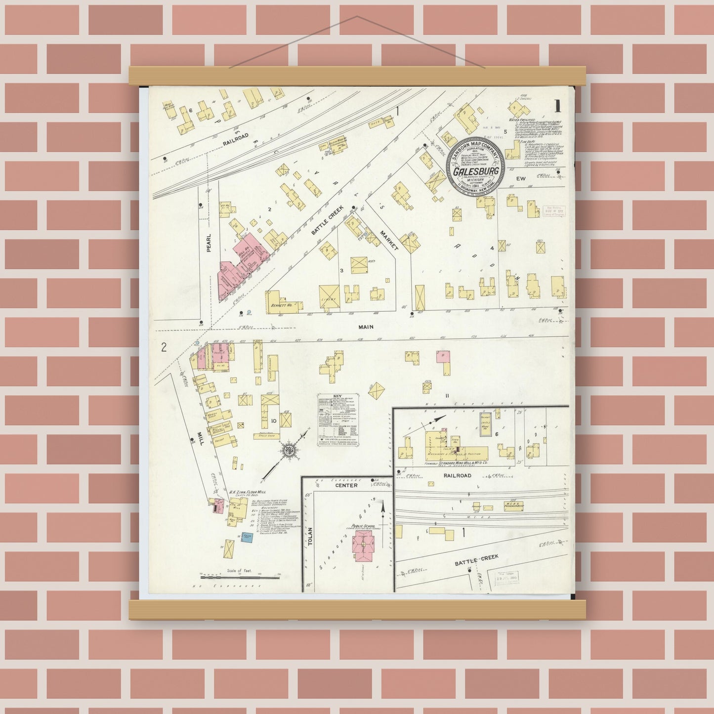 Old map wall art mockup — magnetic wood frame on brick wall — Sanborn Fire Insurance Map from Galesburg, Kalamazoo County, Michigan (1911) - Complete Map Set