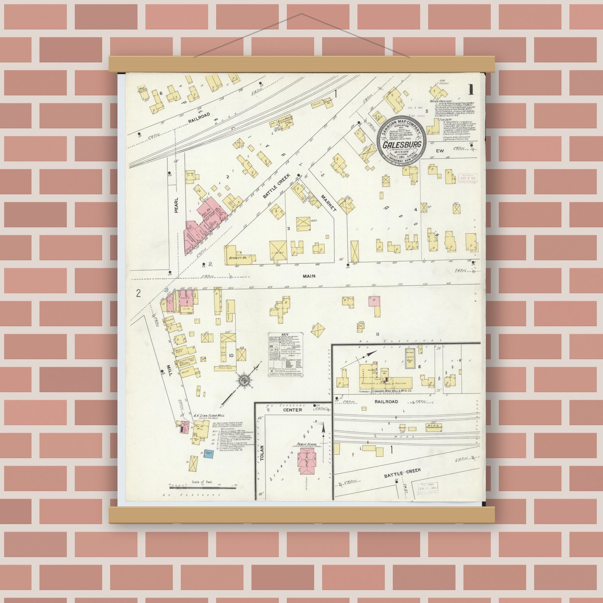 Old map wall art mockup — magnetic wood frame on brick wall — Sanborn Fire Insurance Map from Galesburg, Kalamazoo County, Michigan (1911) - Complete Map Set