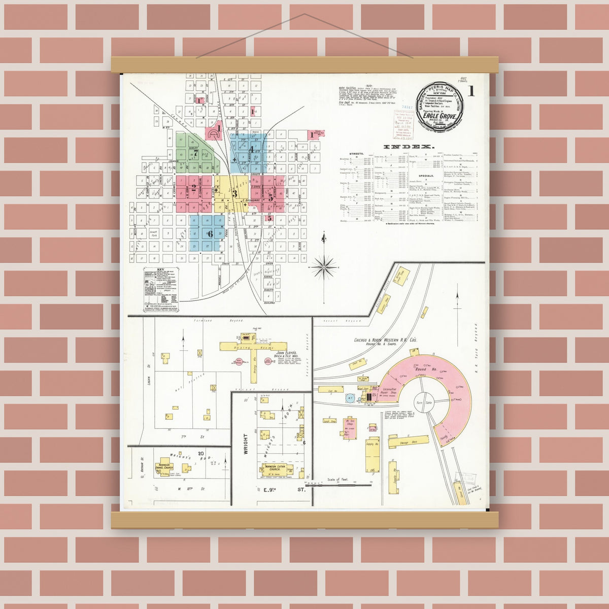 Old map wall art mockup — magnetic wood frame on brick wall — Sanborn Fire Insurance Map from Eagle Grove, Wright County, Iowa (1900), Sheet #0001
