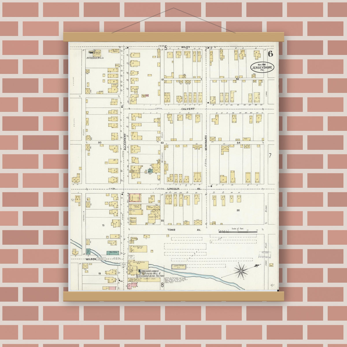 Old map wall art mockup — magnetic wood frame on brick wall — Sanborn Fire Insurance Map from Jersey Shore, Lycoming County, Pennsylvania (1906), Sheet #0006
