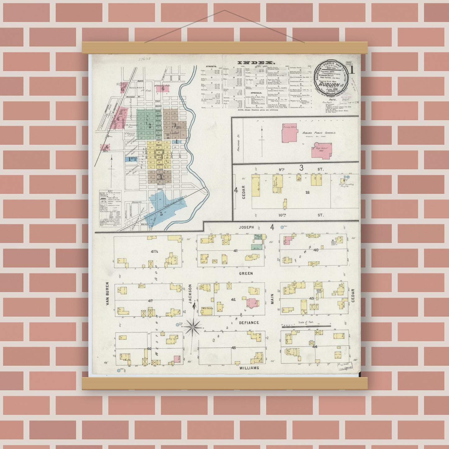 Old map wall art mockup — magnetic wood frame on brick wall — Sanborn Fire Insurance Map from Auburn, De Kalb County, Indiana (1896), Sheet #0001