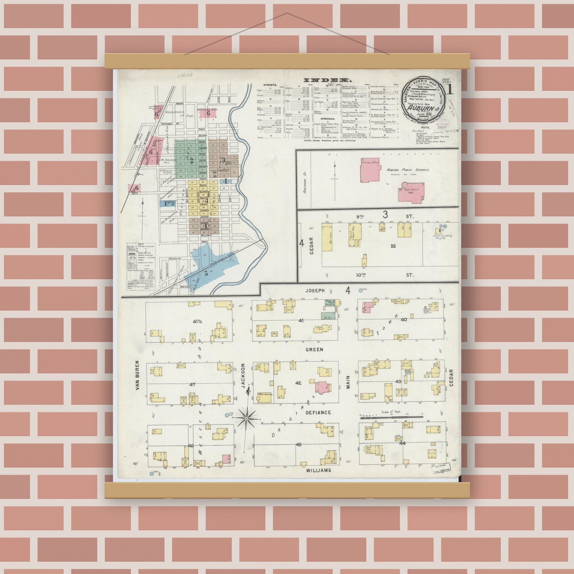 Old map wall art mockup — magnetic wood frame on brick wall — Sanborn Fire Insurance Map from Auburn, De Kalb County, Indiana (1896), Sheet #0001