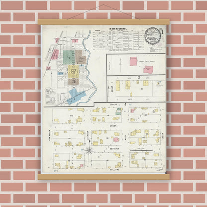 Old map wall art mockup — magnetic wood frame on brick wall — Sanborn Fire Insurance Map from Auburn, De Kalb County, Indiana (1896), Sheet #0001