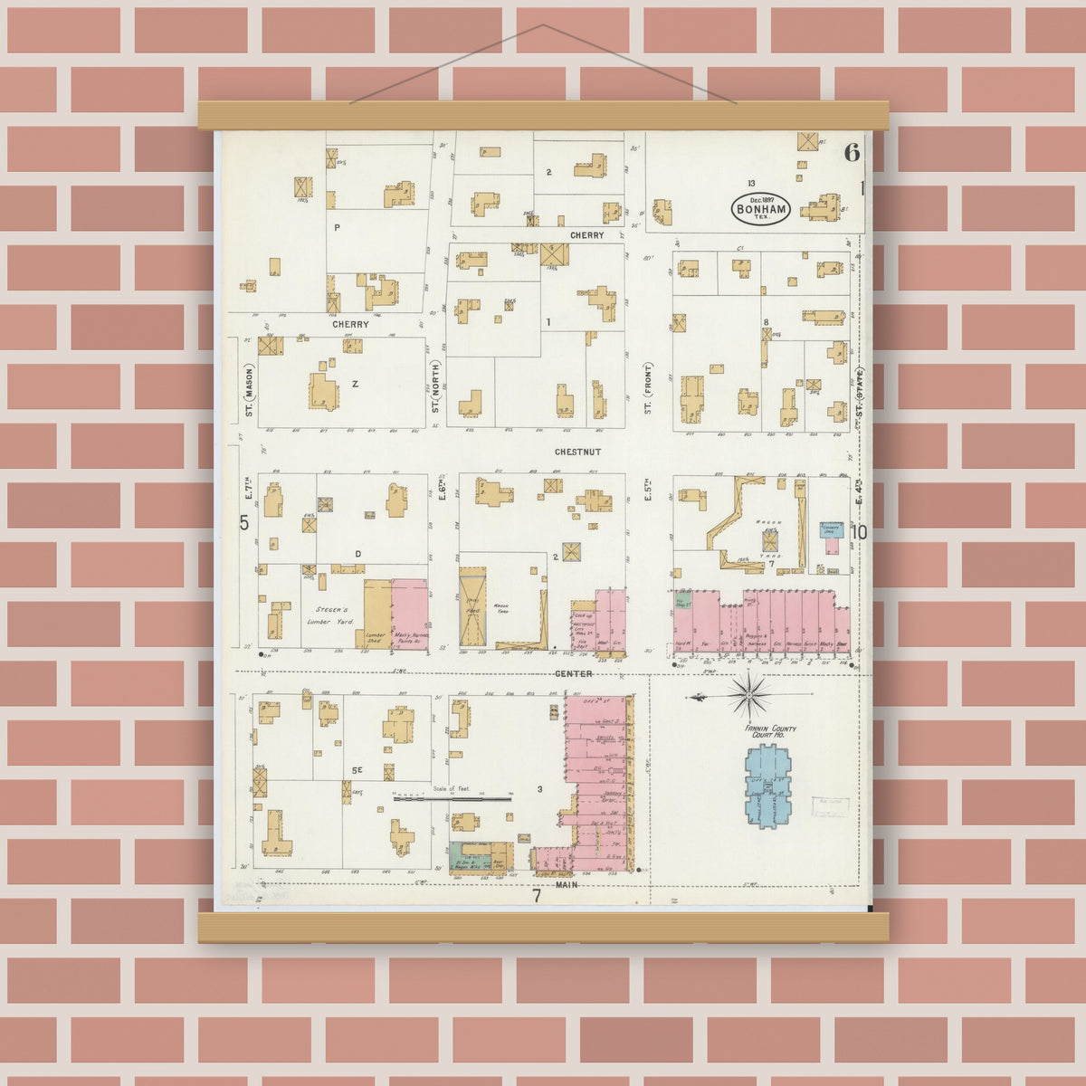Old map wall art mockup — magnetic wood frame on brick wall — Sanborn Fire Insurance Map from Bonham, Fannin County, Texas (1897), Sheet #0006