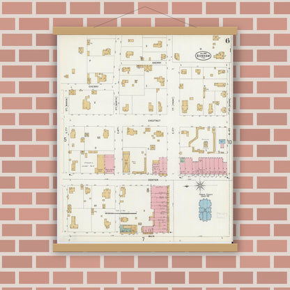 Old map wall art mockup — magnetic wood frame on brick wall — Sanborn Fire Insurance Map from Bonham, Fannin County, Texas (1897), Sheet #0006