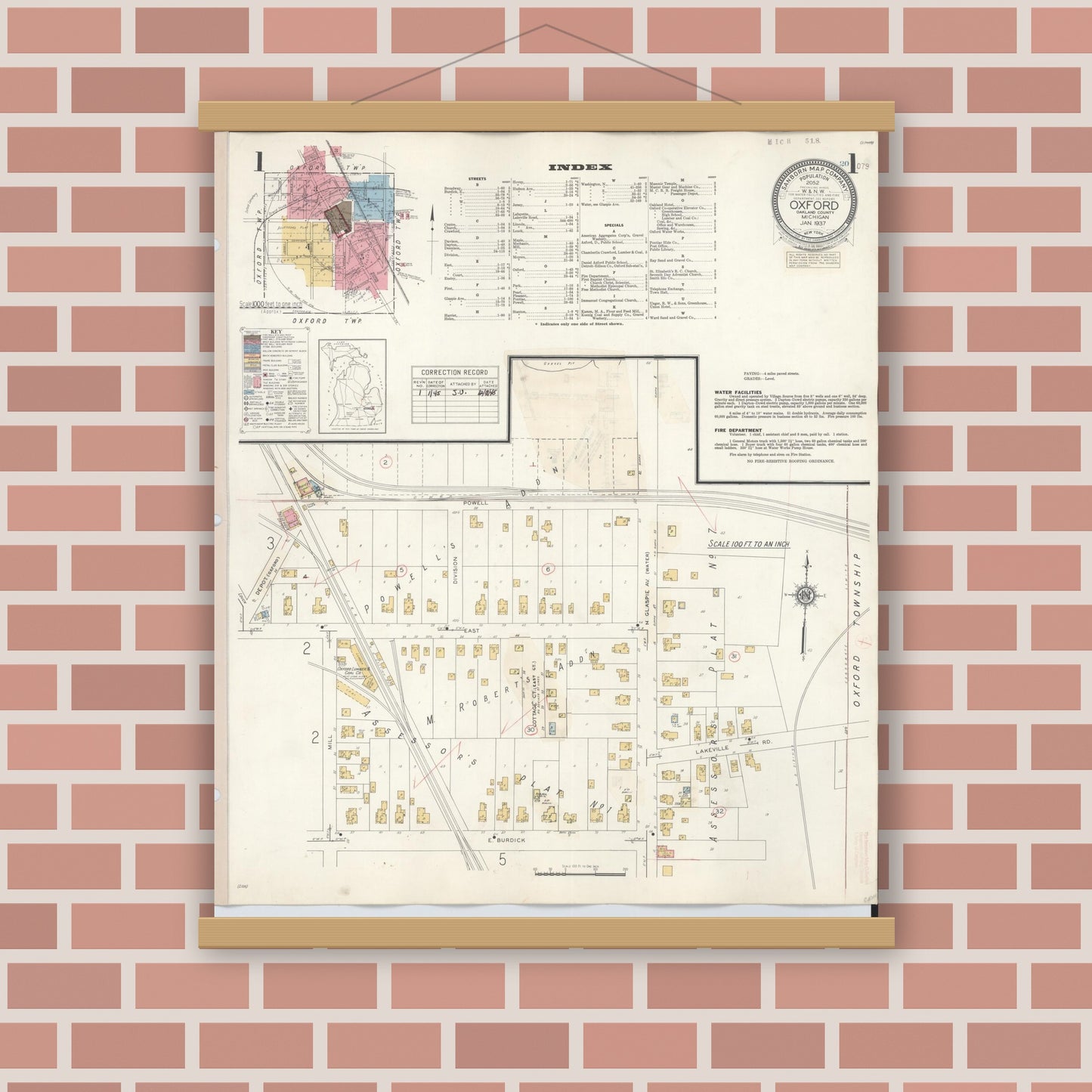 Old map wall art mockup — magnetic wood frame on brick wall — Sanborn Fire Insurance Map from Oxford, Oakland County, Michigan (1945), Sheet #0001