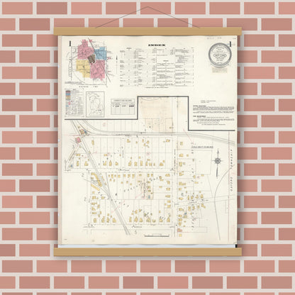 Old map wall art mockup — magnetic wood frame on brick wall — Sanborn Fire Insurance Map from Oxford, Oakland County, Michigan (1945), Sheet #0001