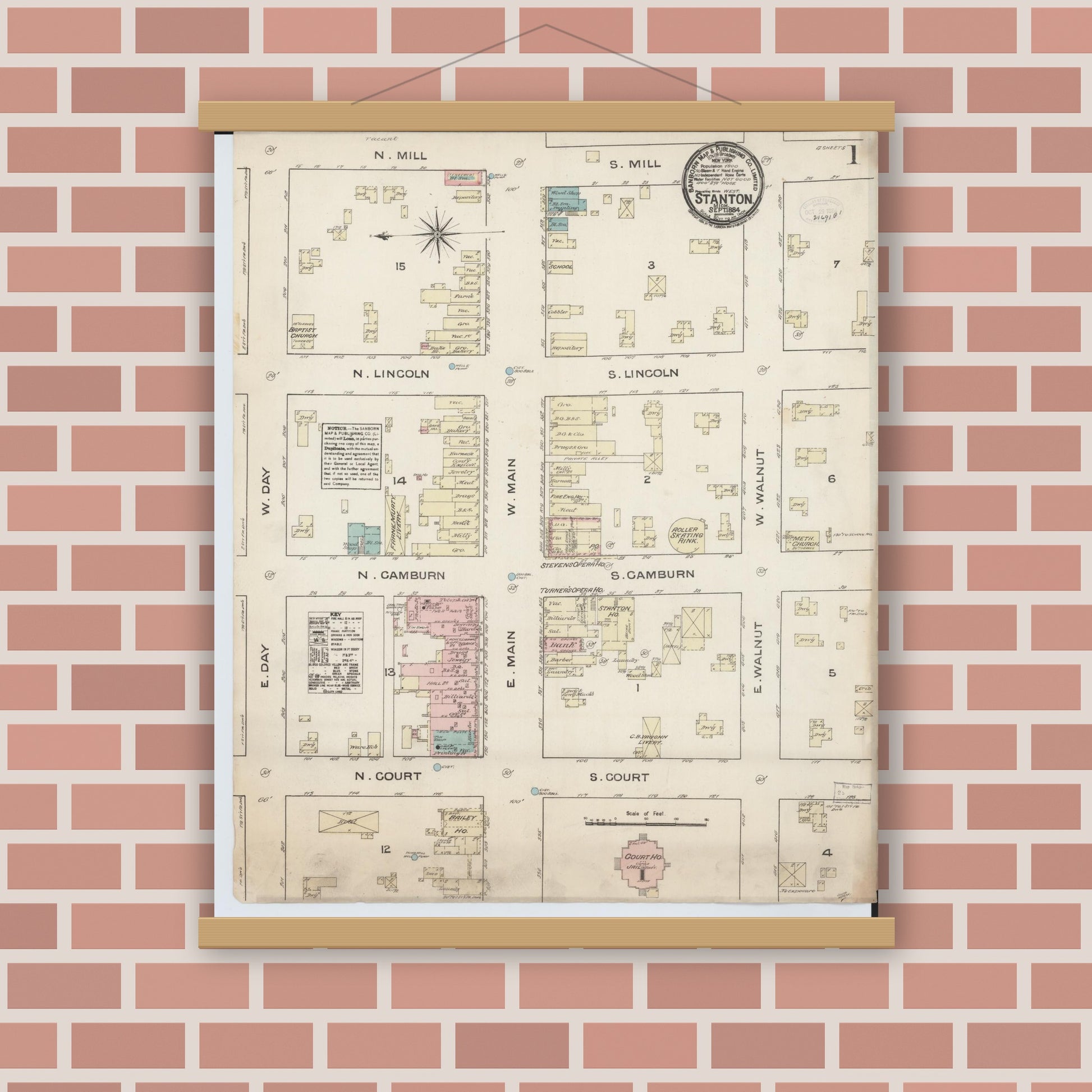 Old map wall art mockup — magnetic wood frame on brick wall — Sanborn Fire Insurance Map from Stanton, Montcalm County, Michigan (1884), Sheet #0001