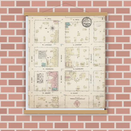 Old map wall art mockup — magnetic wood frame on brick wall — Sanborn Fire Insurance Map from Stanton, Montcalm County, Michigan (1884), Sheet #0001