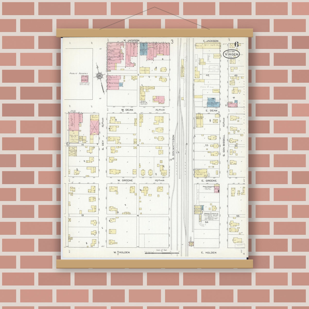 Old map wall art mockup — magnetic wood frame on brick wall — Sanborn Fire Insurance Map from Virden, Macoupin County, Illinois (1914), Sheet #0006