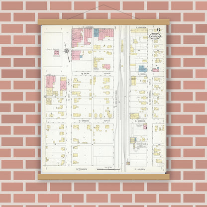 Old map wall art mockup — magnetic wood frame on brick wall — Sanborn Fire Insurance Map from Virden, Macoupin County, Illinois (1914), Sheet #0006