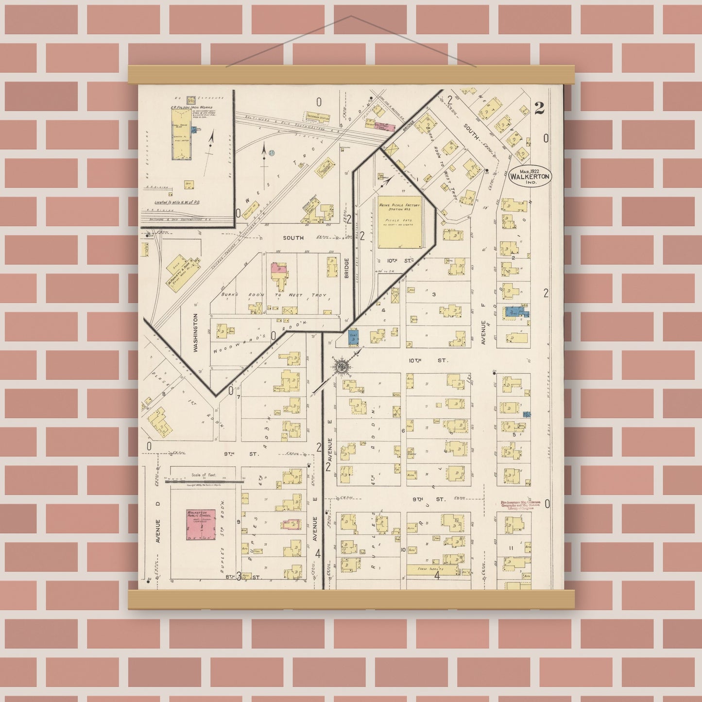 Old map wall art mockup — magnetic wood frame on brick wall — Sanborn Fire Insurance Map from Walkerton, Saint Joseph County, Indiana (1922), Sheet #0002