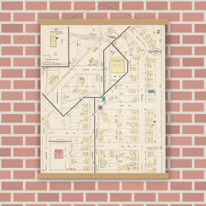 Old map wall art mockup — magnetic wood frame on brick wall — Sanborn Fire Insurance Map from Walkerton, Saint Joseph County, Indiana (1922), Sheet #0002