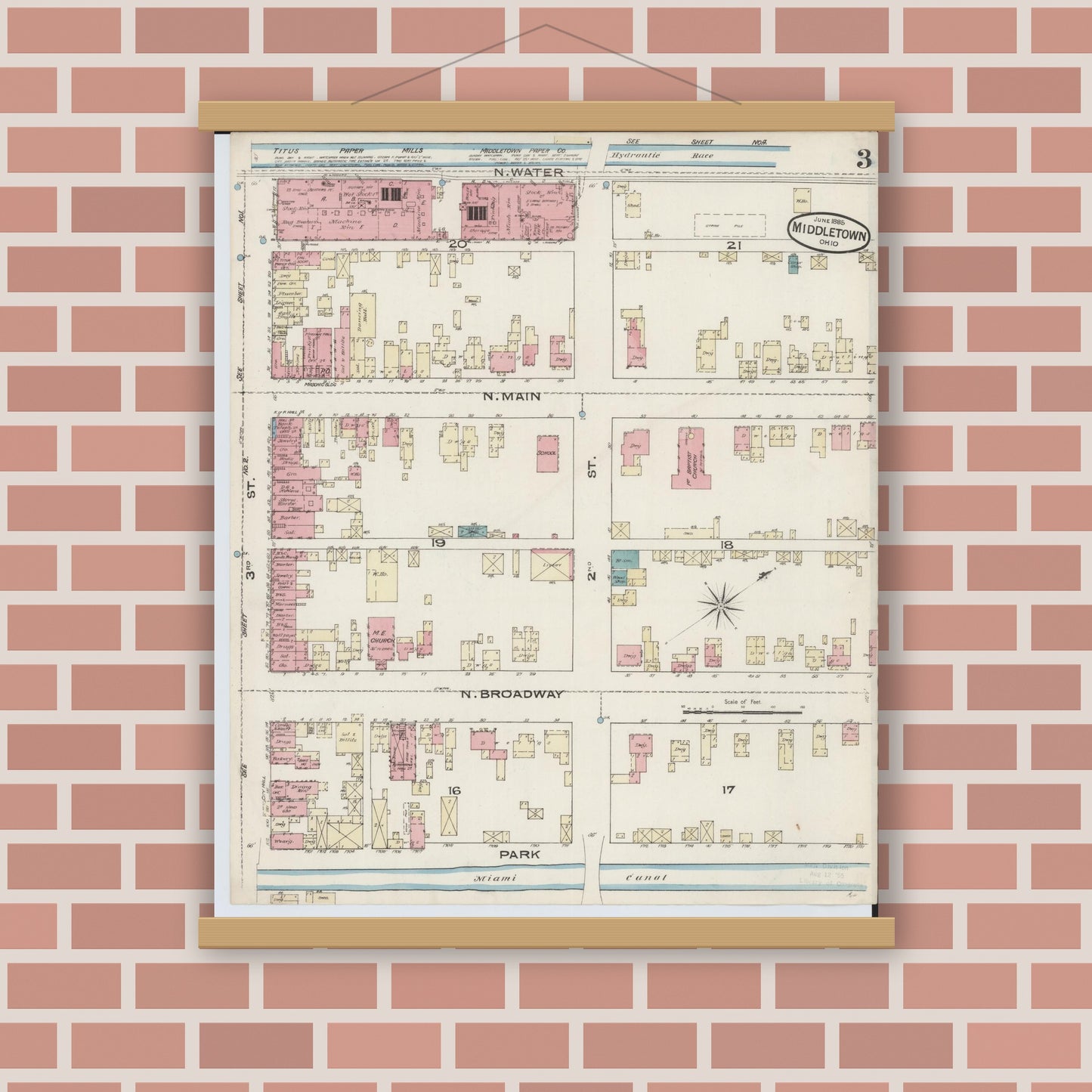 Old map wall art mockup — magnetic wood frame on brick wall — Sanborn Fire Insurance Map from Middletown, Butler County, Ohio (1885), Sheet #0003