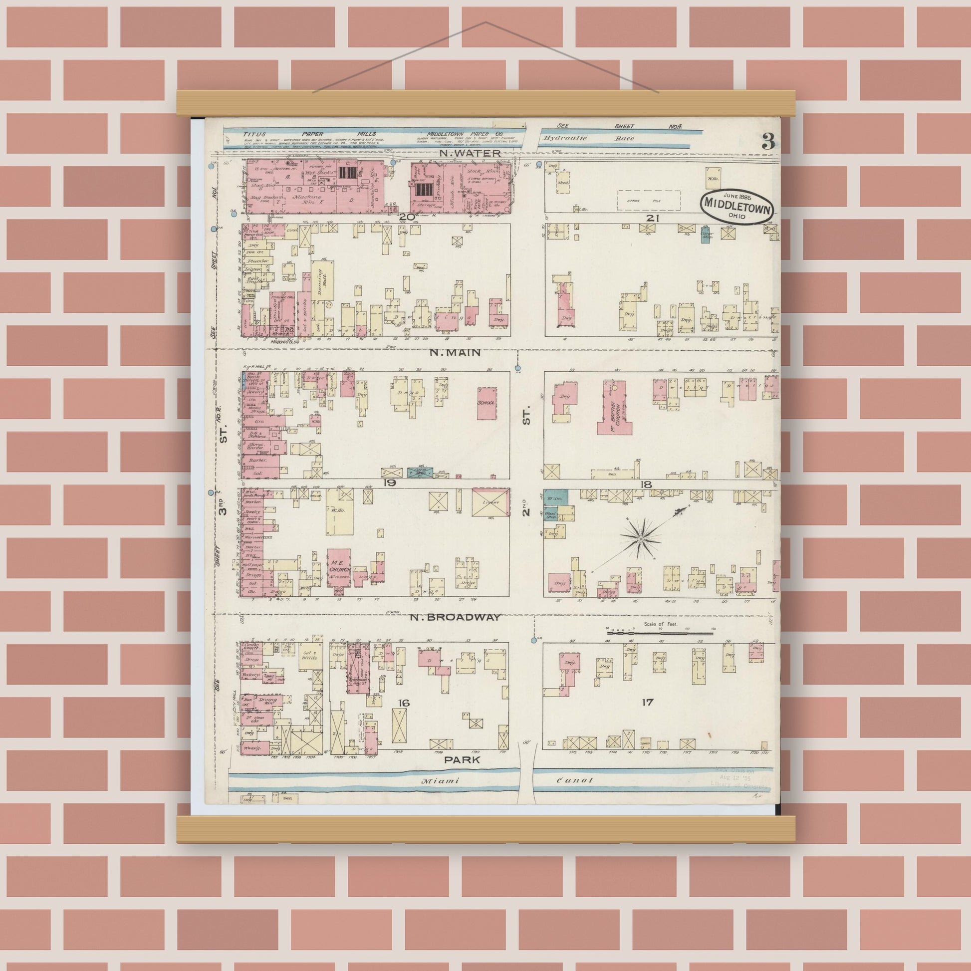 Old map wall art mockup — magnetic wood frame on brick wall — Sanborn Fire Insurance Map from Middletown, Butler County, Ohio (1885), Sheet #0003