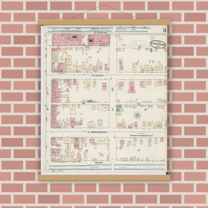 Old map wall art mockup — magnetic wood frame on brick wall — Sanborn Fire Insurance Map from Middletown, Butler County, Ohio (1885), Sheet #0003