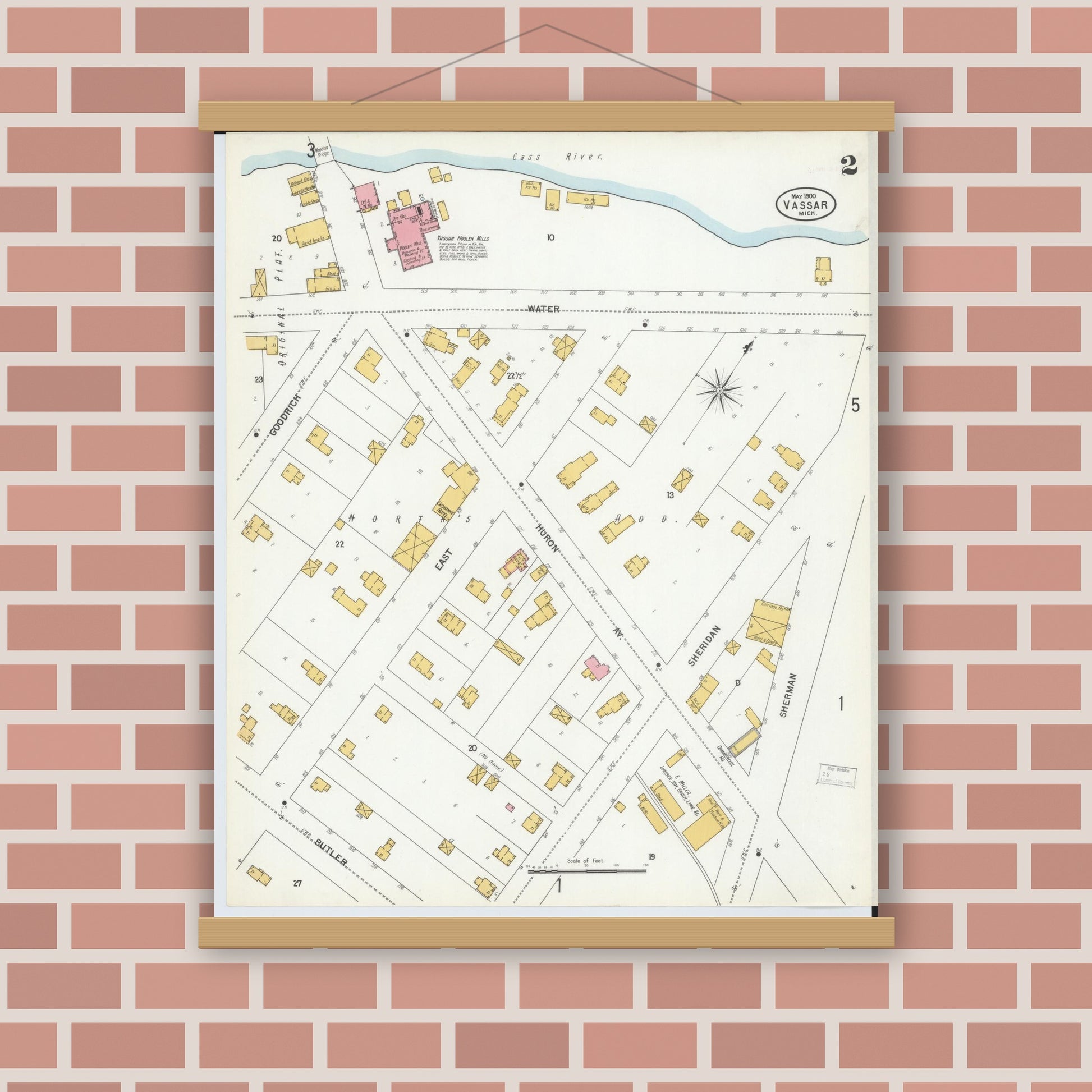 Old map wall art mockup — magnetic wood frame on brick wall — Sanborn Fire Insurance Map from Vassar, Tuscola County, Michigan (1900), Sheet #0002