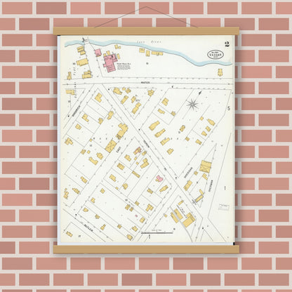 Old map wall art mockup — magnetic wood frame on brick wall — Sanborn Fire Insurance Map from Vassar, Tuscola County, Michigan (1900), Sheet #0002