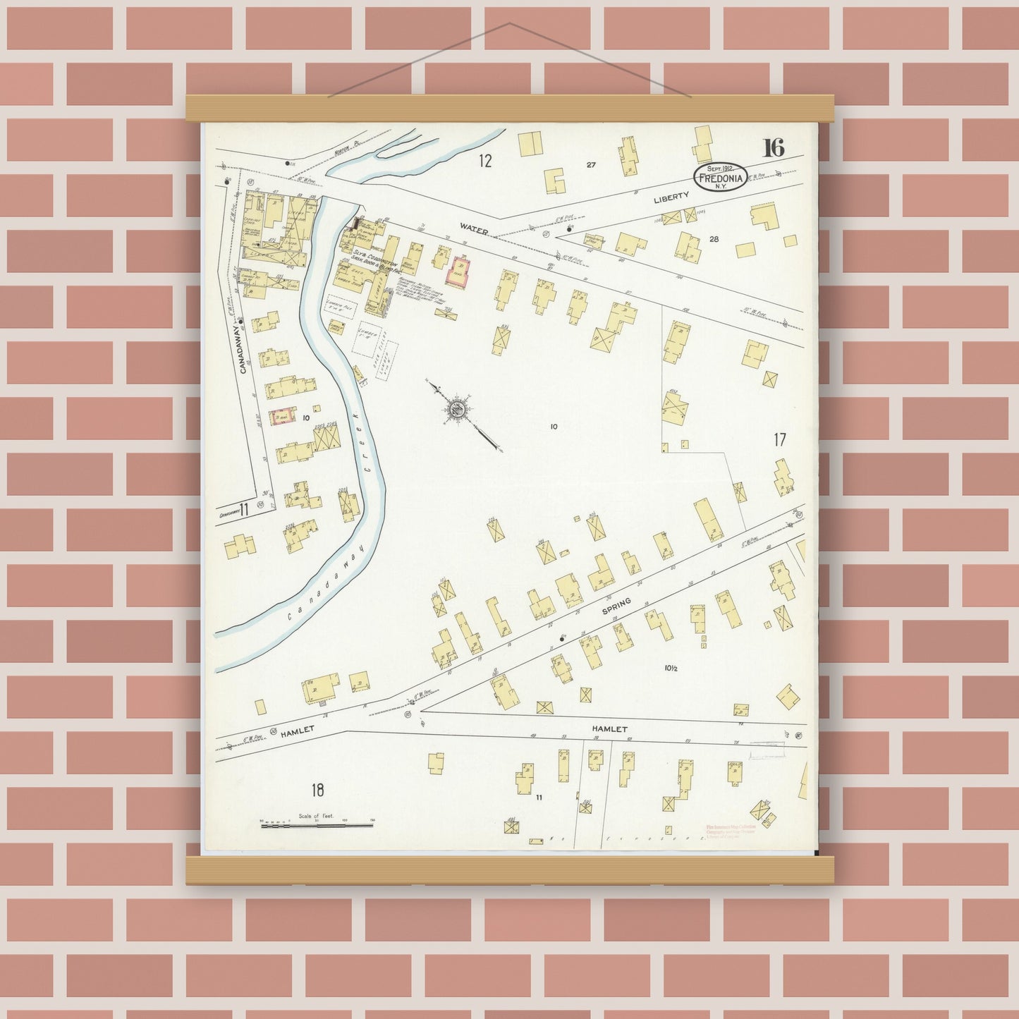 Old map wall art mockup — magnetic wood frame on brick wall — Sanborn Fire Insurance Map from Fredonia, Chautauqua County, New York (1912), Sheet #0016