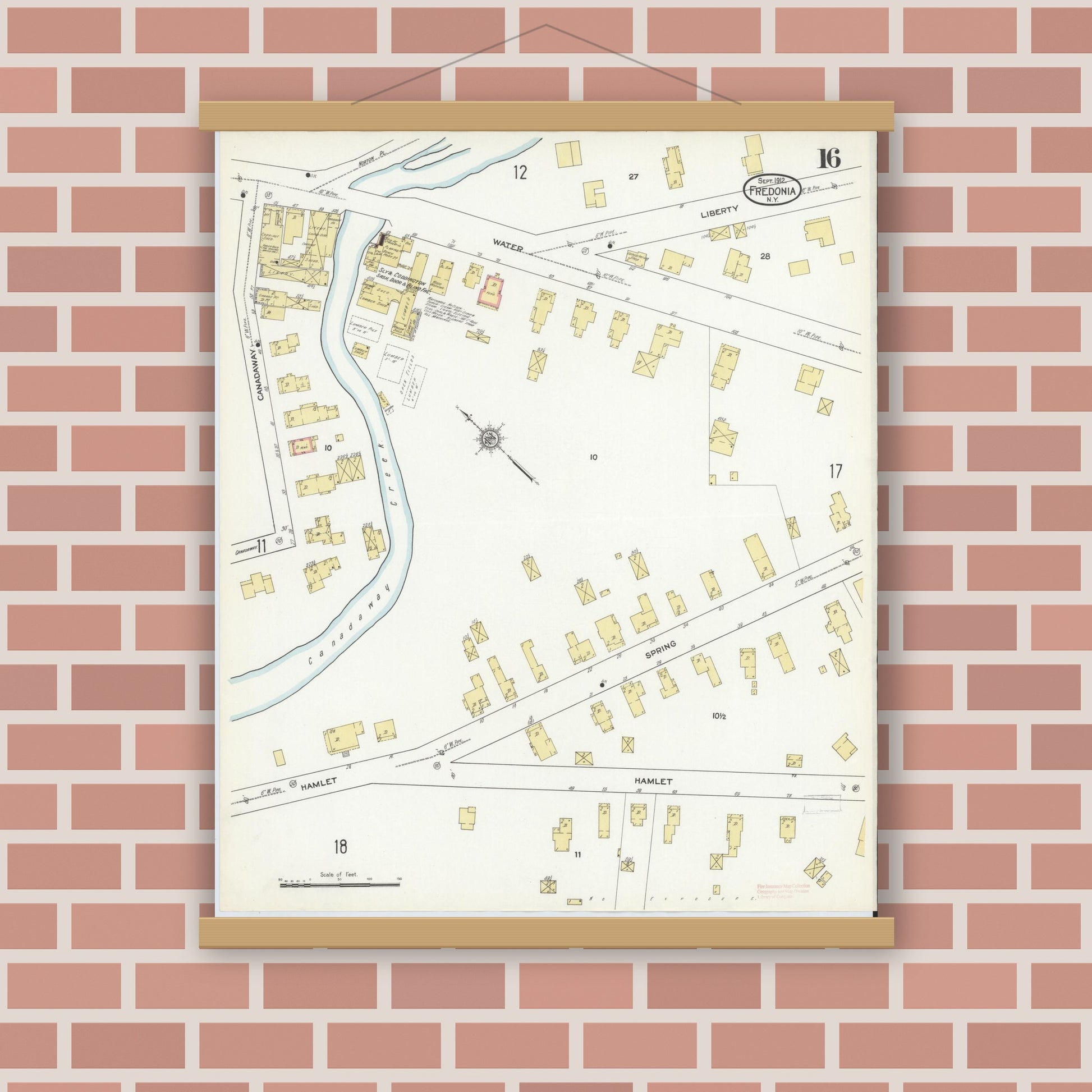 Old map wall art mockup — magnetic wood frame on brick wall — Sanborn Fire Insurance Map from Fredonia, Chautauqua County, New York (1912), Sheet #0016