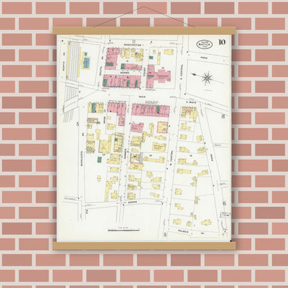 Old map wall art mockup — magnetic wood frame on brick wall — Sanborn Fire Insurance Map from Natick, Middlesex County, Massachusetts (1909), Sheet #0010
