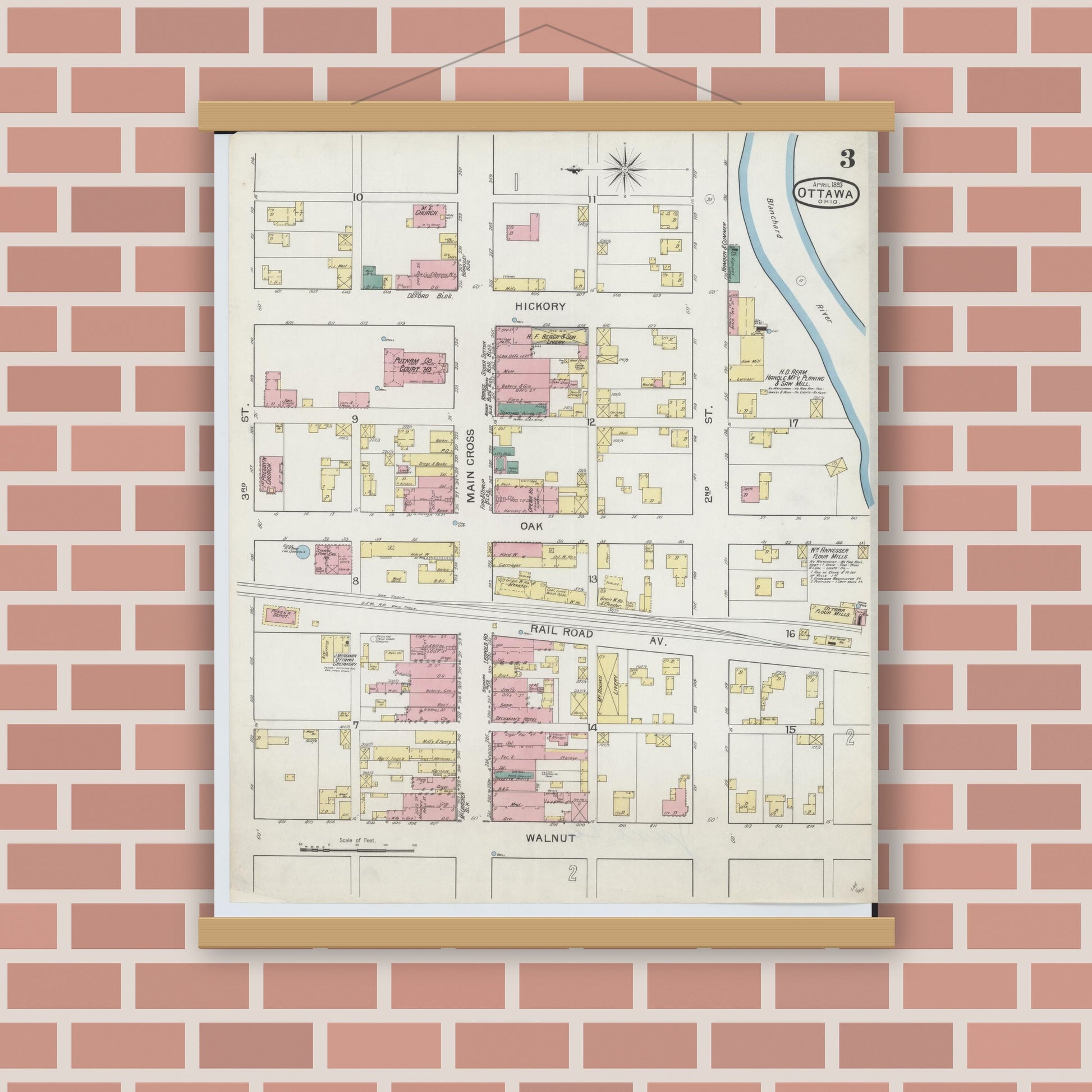 Old map wall art mockup — magnetic wood frame on brick wall — Sanborn Fire Insurance Map from Ottawa, Putnam County, Ohio (1893), Sheet #0003