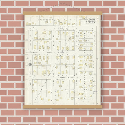 Old map wall art mockup — magnetic wood frame on brick wall — Sanborn Fire Insurance Map from Ladysmith, Rusk County, Wisconsin (1914), Sheet #0007