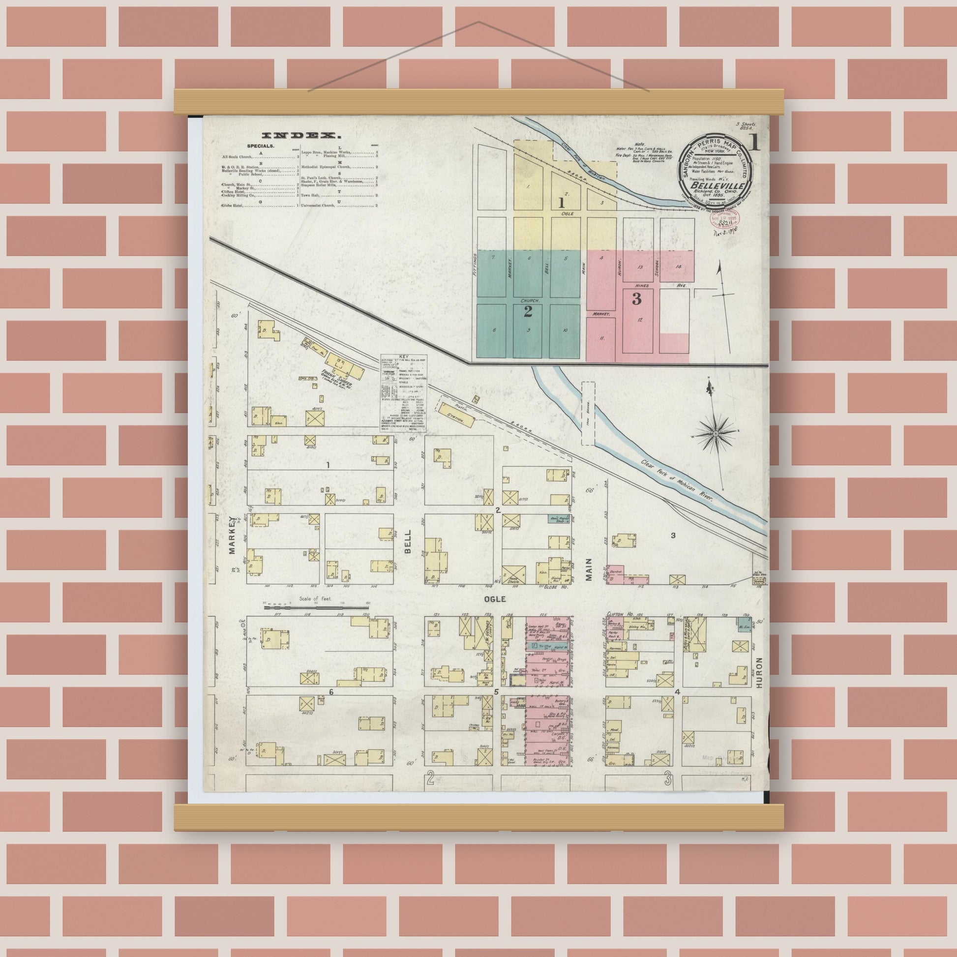 Old map wall art mockup — magnetic wood frame on brick wall — Sanborn Fire Insurance Map from Bellville, Richland County, Ohio (1895) - Complete Map Set