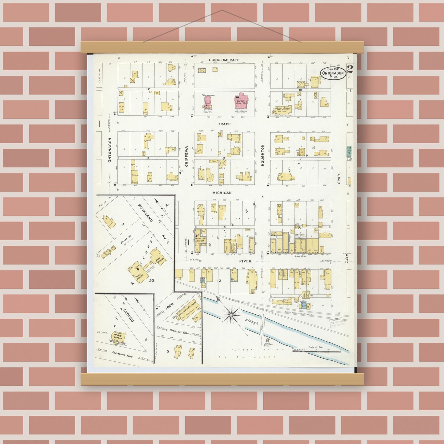 Old map wall art mockup — magnetic wood frame on brick wall — Sanborn Fire Insurance Map from Ontonagon, Ontonagon County, Michigan (1908), Sheet #0002