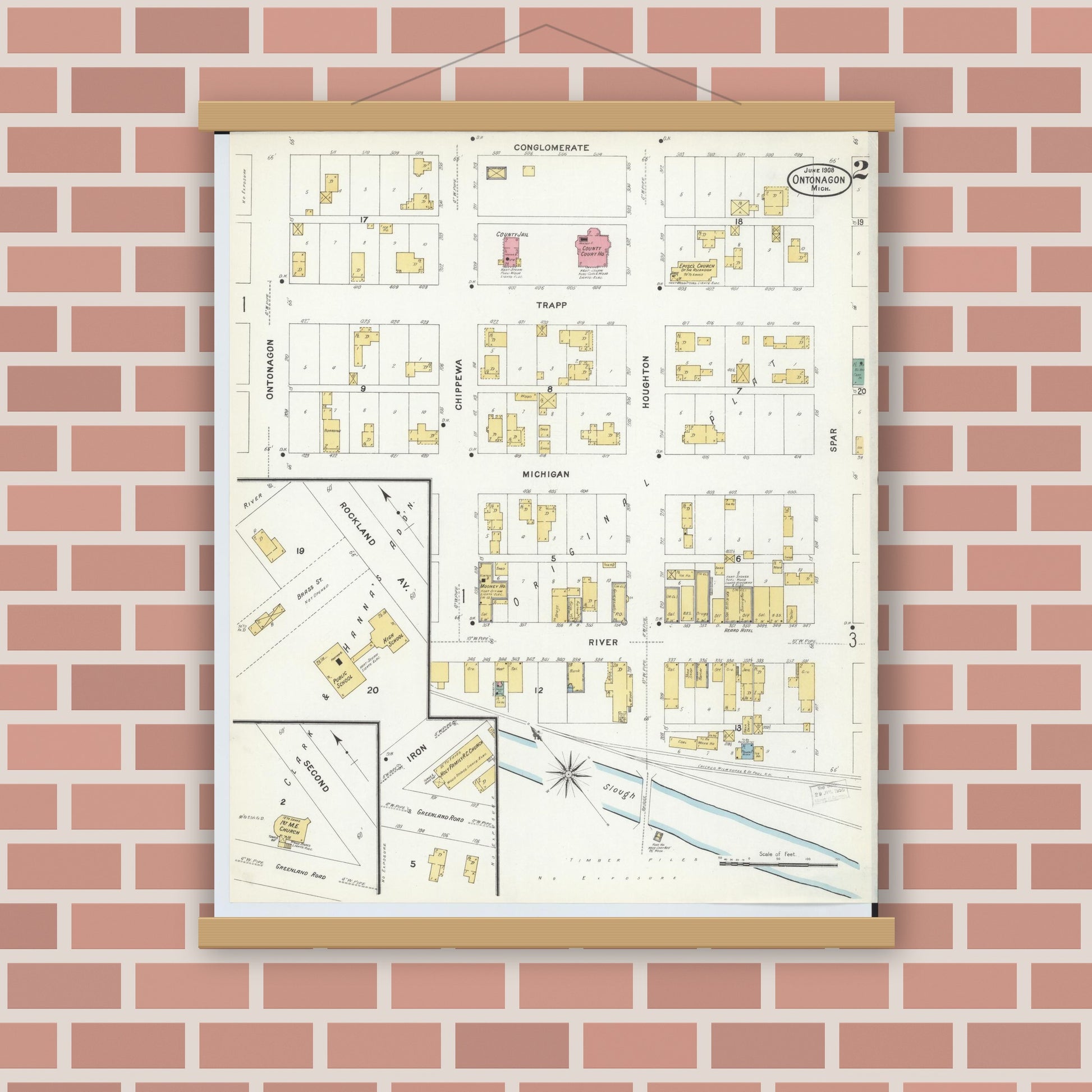 Old map wall art mockup — magnetic wood frame on brick wall — Sanborn Fire Insurance Map from Ontonagon, Ontonagon County, Michigan (1908), Sheet #0002