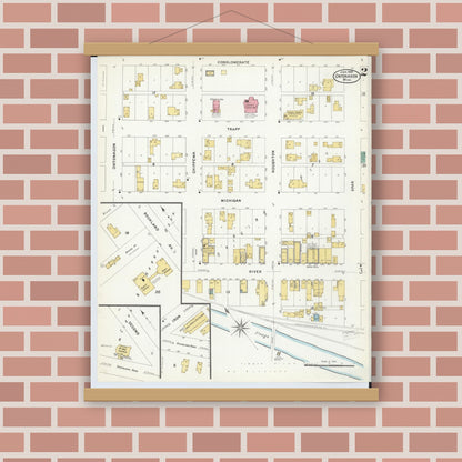 Old map wall art mockup — magnetic wood frame on brick wall — Sanborn Fire Insurance Map from Ontonagon, Ontonagon County, Michigan (1908), Sheet #0002