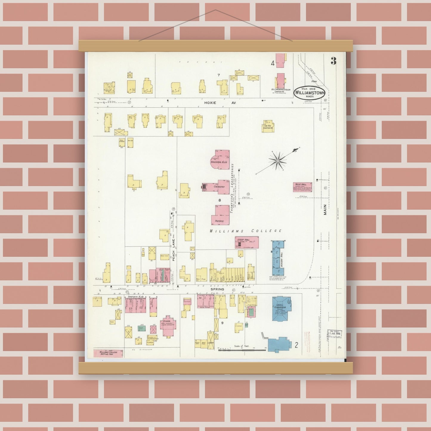 Old map wall art mockup — magnetic wood frame on brick wall — Sanborn Fire Insurance Map from Williamstown, Berkshire County, Massachusetts (1908), Sheet #0003