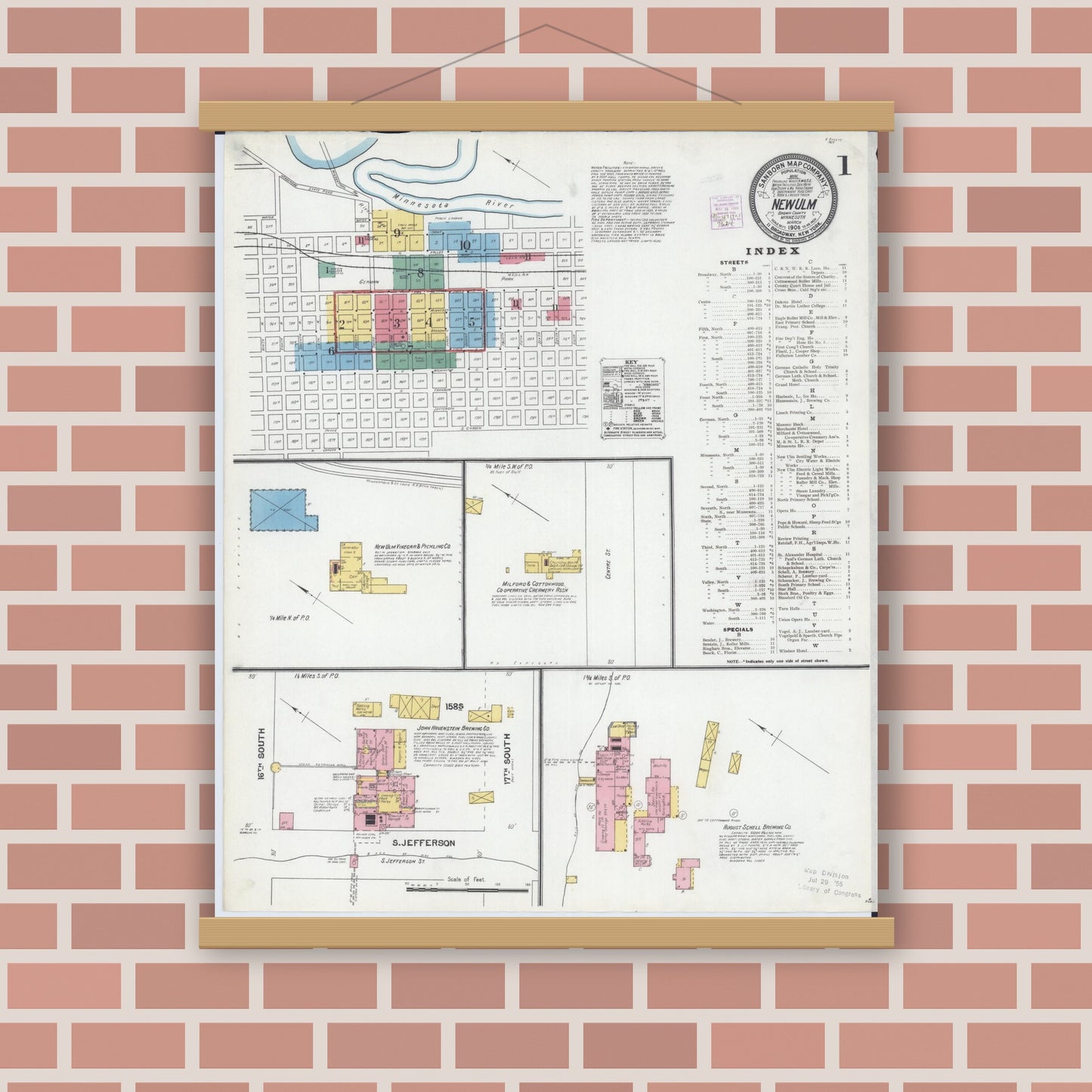 Old map wall art mockup — magnetic wood frame on brick wall — Sanborn Fire Insurance Map from New Ulm, Brown County, Minnesota (1905) - Complete Map Set