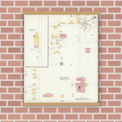 Old map wall art mockup — magnetic wood frame on brick wall — Sanborn Fire Insurance Map from Indiana, Indiana County, Pennsylvania (1903), Sheet #0013