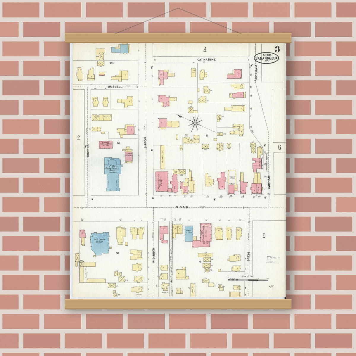 Old map wall art mockup — magnetic wood frame on brick wall — Sanborn Fire Insurance Map from Canandaigua, Ontario County, New York (1904), Sheet #0003