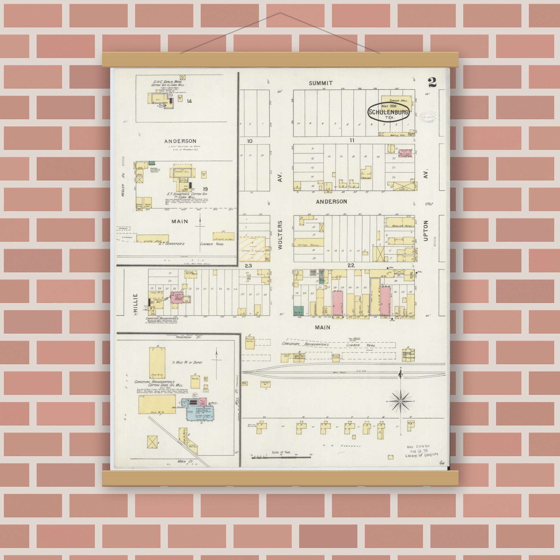 Old map wall art mockup — magnetic wood frame on brick wall — Sanborn Fire Insurance Map from Schulenburg, Fayette County, Texas (1894), Sheet #0002