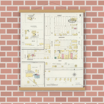 Old map wall art mockup — magnetic wood frame on brick wall — Sanborn Fire Insurance Map from Schulenburg, Fayette County, Texas (1894), Sheet #0002