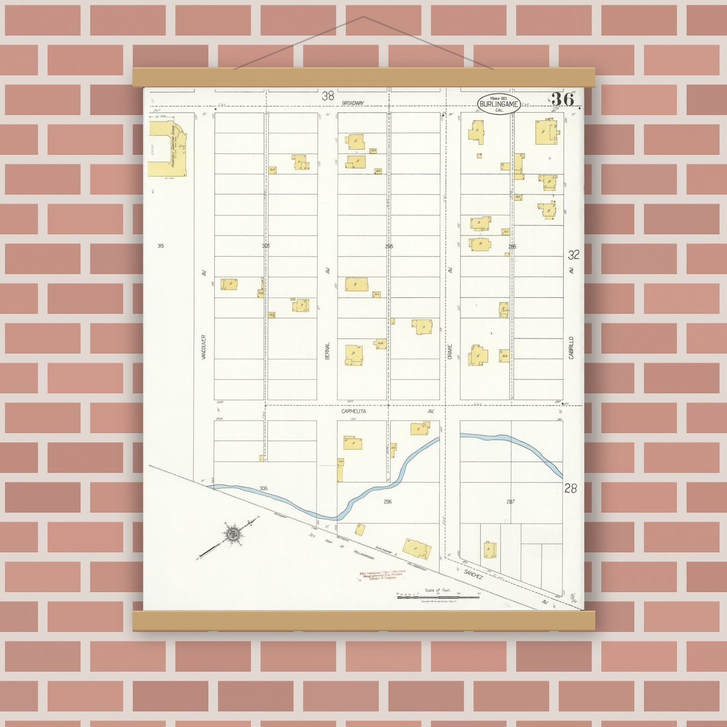 Old map wall art mockup — magnetic wood frame on brick wall — Sanborn Fire Insurance Map from Burlingame, San Mateo County, California (1921), Sheet #0036