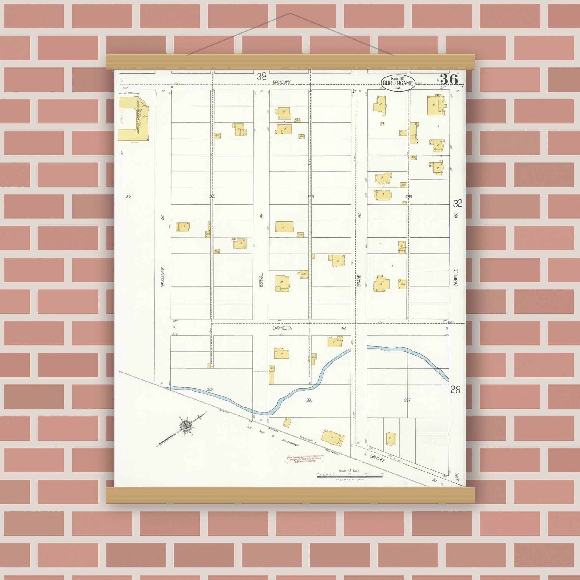 Old map wall art mockup — magnetic wood frame on brick wall — Sanborn Fire Insurance Map from Burlingame, San Mateo County, California (1921), Sheet #0036