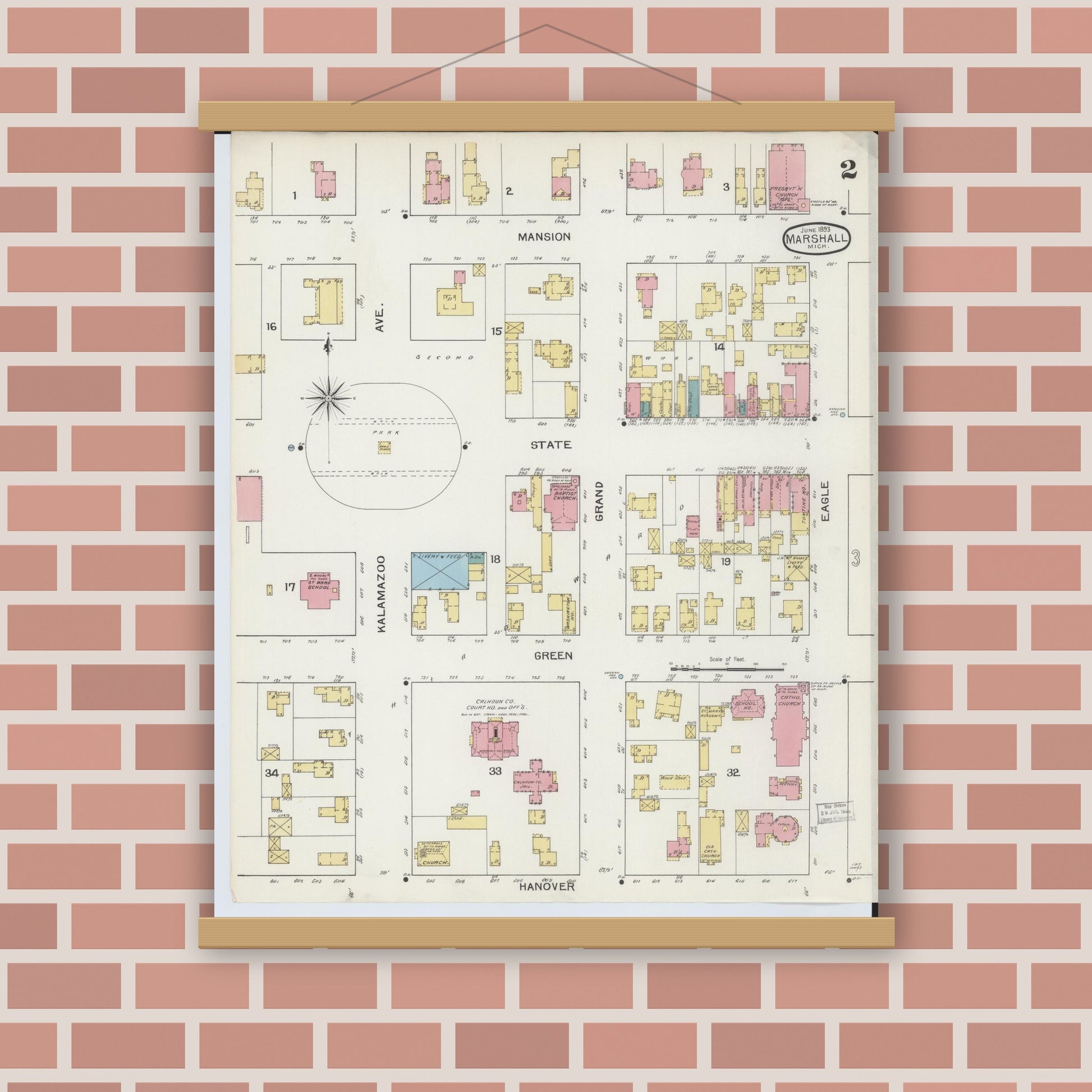 Old map wall art mockup — magnetic wood frame on brick wall — Sanborn Fire Insurance Map from Marshall, Calhoun County, Michigan (1893), Sheet #0002