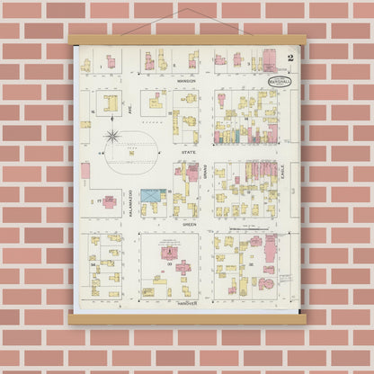 Old map wall art mockup — magnetic wood frame on brick wall — Sanborn Fire Insurance Map from Marshall, Calhoun County, Michigan (1893), Sheet #0002