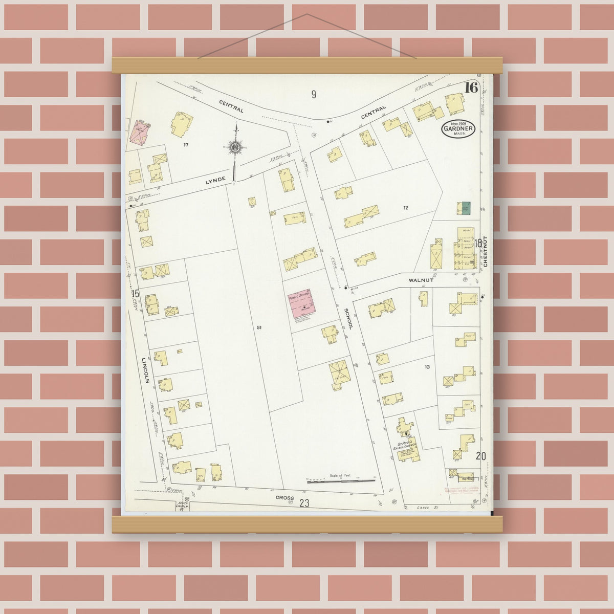 Old map wall art mockup — magnetic wood frame on brick wall — Sanborn Fire Insurance Map from Gardner, Worcester County, Massachusetts (1909), Sheet #0016
